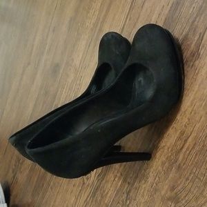 Tory Burch Black Suede Jude T Logo Platform Heels Size 7.5M